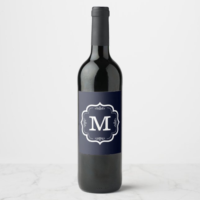 Étiquette Pour Bouteilles De Vin Bleu Marine Monogramme (Devant)