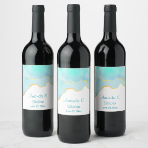 Étiquette Pour Bouteilles De Vin Bleu vert tropical avec Mariage frontière or