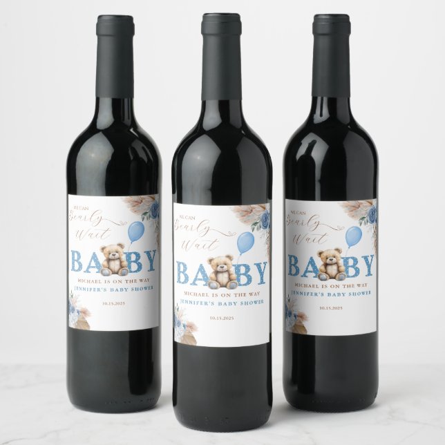 Étiquette Pour Bouteilles De Vin Blue Boho Teddy Bear Baby Shower (Bouteilles)