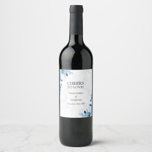 Étiquette Pour Bouteilles De Vin Blue Elegant flower summer wedding (Devant)