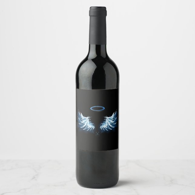 Étiquette Pour Bouteilles De Vin Blue Glowing Angel Wings on black background (Devant)