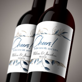 Étiquette Pour Bouteilles De Vin Blue Gold Moderne Floral Mariage élégant