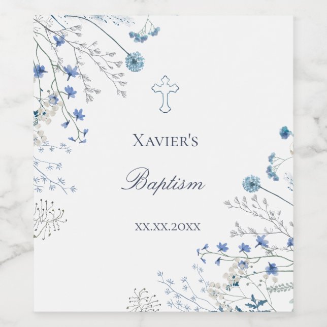 Étiquette Pour Bouteilles De Vin blue wildflowers Baptism (Étiquettes simples)