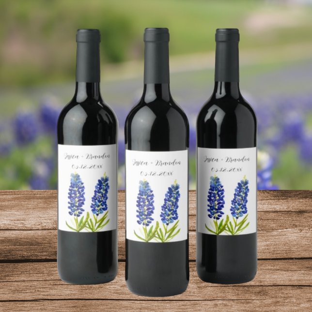 Étiquette Pour Bouteilles De Vin Bluebonnets Aquarelle Bleu Fleur Floral Mariage (Créateur téléchargé)