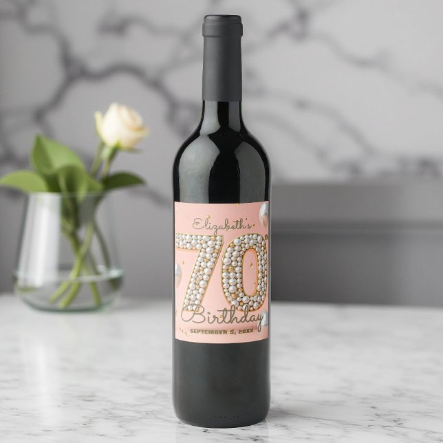 Étiquette Pour Bouteilles De Vin Blush Pink Gold Pearl Mosaic 70e anniversaire (Créateur téléchargé)
