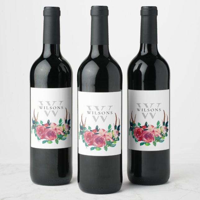 Étiquette Pour Bouteilles De Vin Bohème Rustique Fleurs Rouges Cerf Bois Monogramme (Bouteilles)