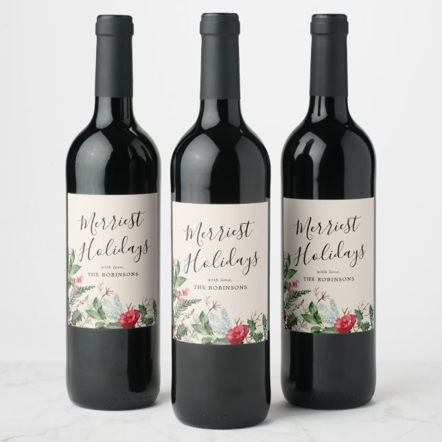 Étiquette Pour Bouteilles De Vin Boho Beige Noël Hivernal Botanique (Bouteilles)