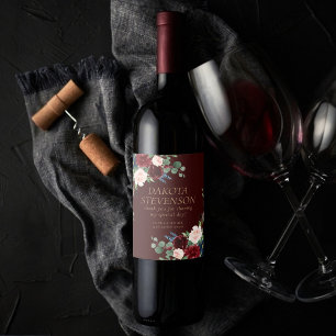 Étiquette Pour Bouteilles De Vin Boho Bloom Bourgogne foncée et Merci bleu marine
