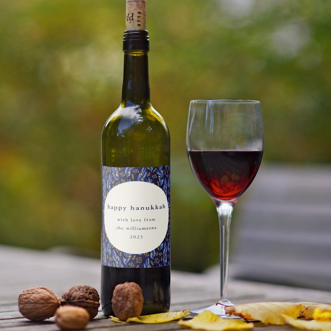 Étiquette Pour Bouteilles De Vin Boho moderne bleu jaune Hanoukka Botanique personn (Créateur téléchargé)