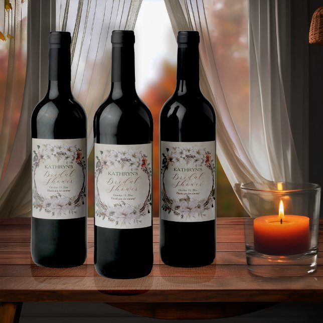 Étiquette Pour Bouteilles De Vin Boho Muted automne Floral Baby Shower (Boho Muted Fall Floral and Grapevine Wreath Fall in Love Bridal Shower Collection Wine Bottle Labels)