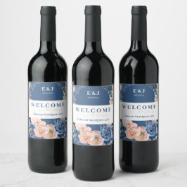 Étiquette Pour Bouteilles De Vin Boho pastel bleu & blush chic Mariage "Welcome"