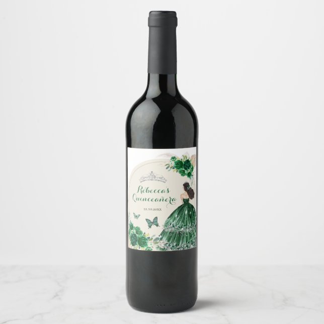 Étiquette Pour Bouteilles De Vin Boho Roses Vert Émeraude Princesa Quinceañera (Devant)