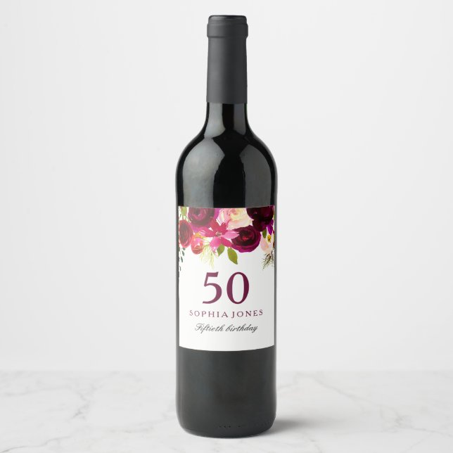 Étiquette Pour Bouteilles De Vin Boho rouge Bourgogne 50e fête d'anniversaire (Devant)