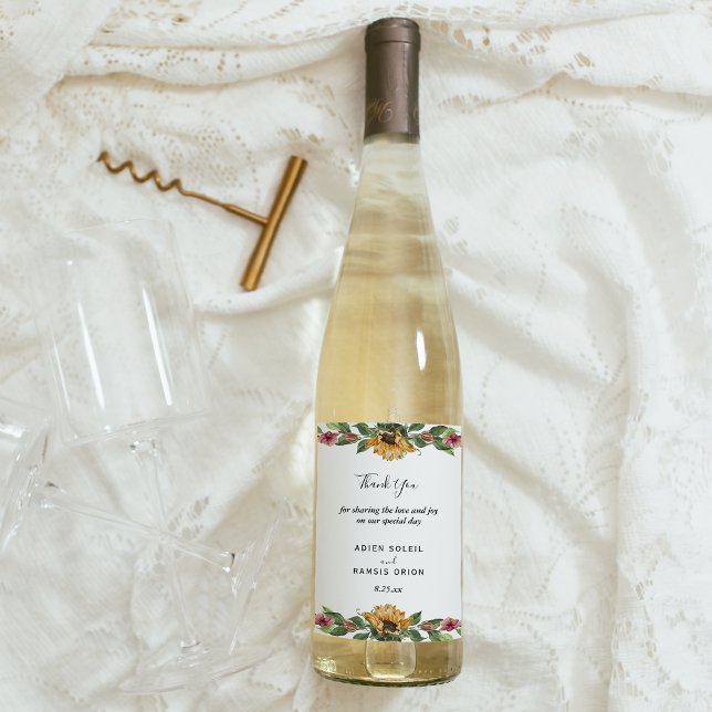 Étiquette Pour Bouteilles De Vin Boho Sunflower Mariage Merci Vin Étiquette (Créateur téléchargé)