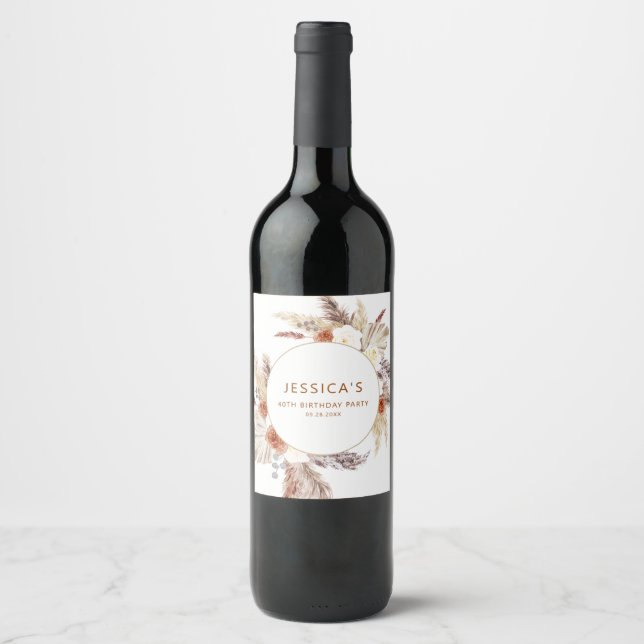 Étiquette Pour Bouteilles De Vin Boho Terracotta Pampas Fête d'Anniversaire (Devant)