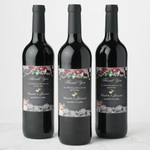 Étiquette Pour Bouteilles De Vin Bois rustique dentelle lumière Merci Mariage