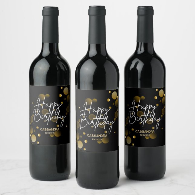 Étiquette Pour Bouteilles De Vin Bokeh or moderne Gradient Noir Joyeux Anniversaire (Bouteilles)