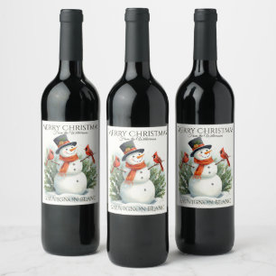 Étiquette Pour Bouteilles De Vin Bonhomme de neige et cardinaux à l'aquarelle Noël