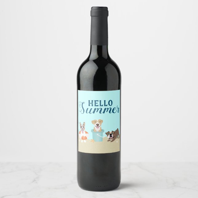 Étiquette Pour Bouteilles De Vin Bonjour Summer Beach Chiens Bleus (Devant)