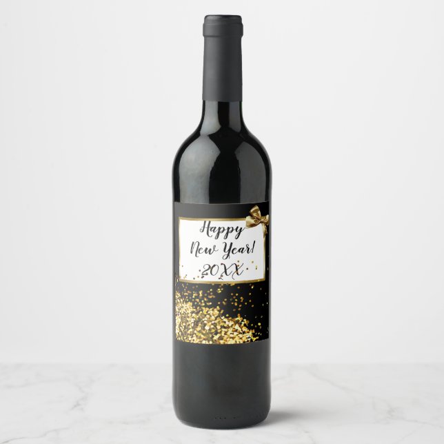 Étiquette Pour Bouteilles De Vin Bonne année Gold Confetti et Bow (Devant)