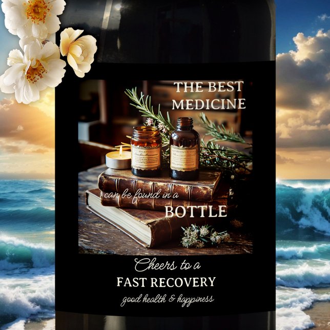 Étiquette Pour Bouteilles De Vin Bonne santé bientôt (funny wine label featuring a vintage design with herbs, books and medicine bottles - get well soon)