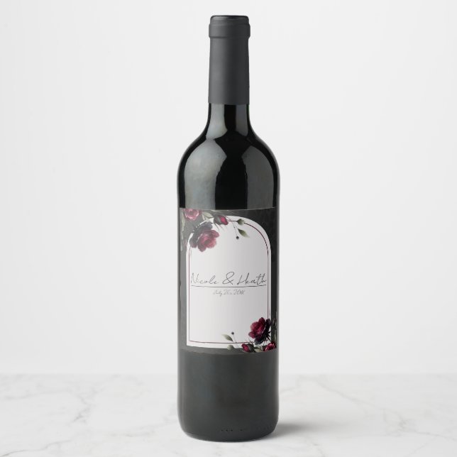 Étiquette Pour Bouteilles De Vin Bordeaux Red Roses Shadowy Grey Floral Mariage (Devant)