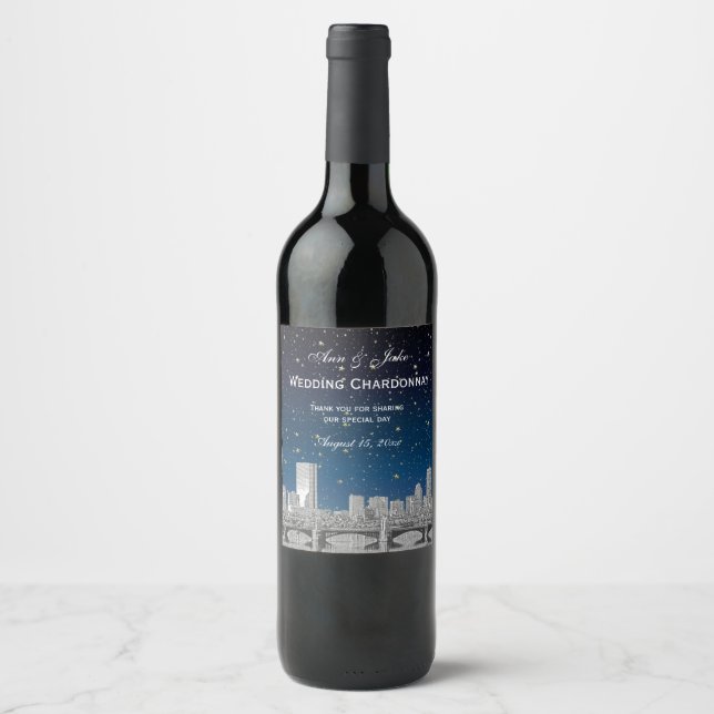 Étiquette Pour Bouteilles De Vin Boston Skyline Etted Starry Blue Gradient BG (Devant)