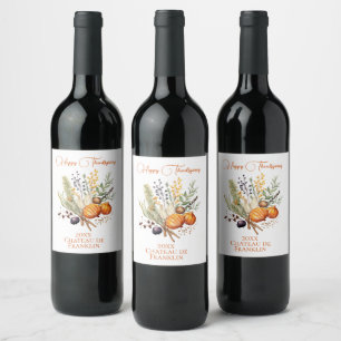 Étiquette Pour Bouteilles De Vin Botaniques d'automne, Bon thanksgiving d'épices