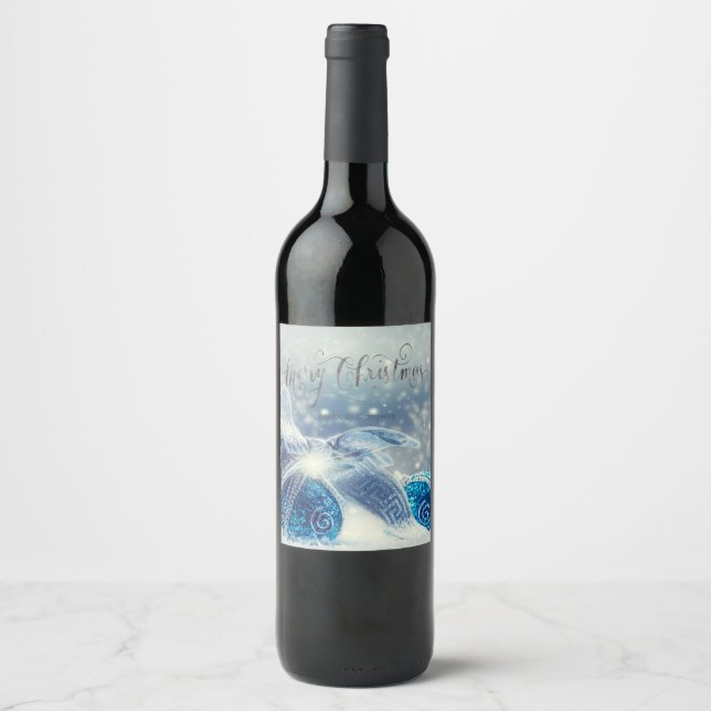 Étiquette Pour Bouteilles De Vin Boules de Noël bleues Bokeh  (Devant)
