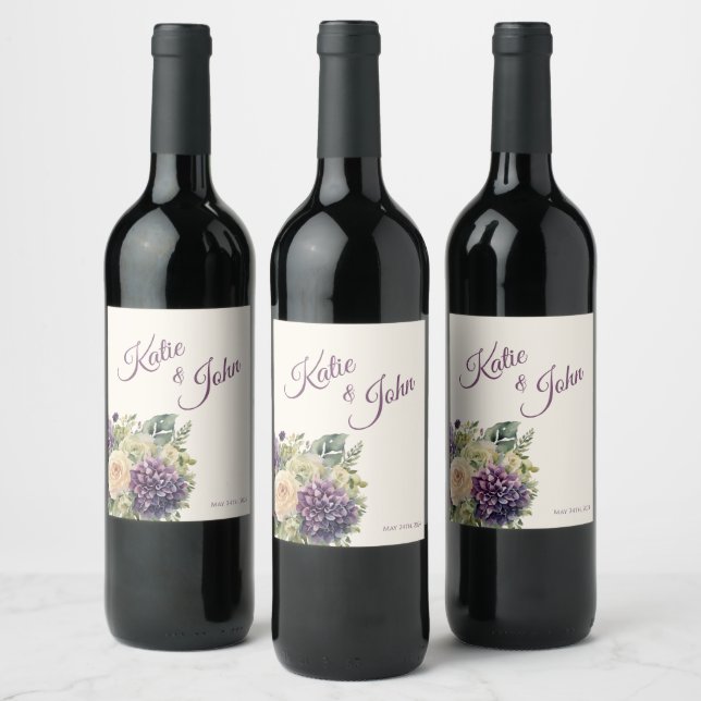 Étiquette Pour Bouteilles De Vin Bouquet de fleurs violettes d'aquarelle Mariage (Bouteilles)