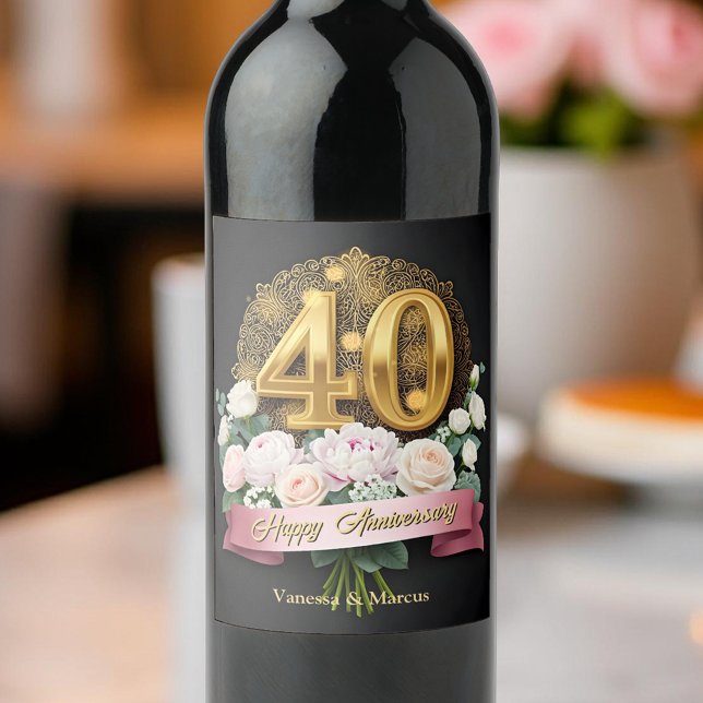 Étiquette Pour Bouteilles De Vin Bouquet rose floral or 40e anniversaire Mariage (Créateur téléchargé)