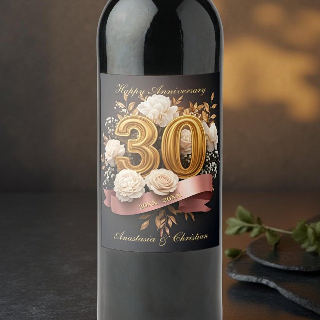 Étiquette Pour Bouteilles De Vin Bouquet rose Gold 30e anniversaire Mariage (Créateur téléchargé)