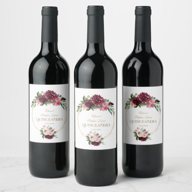 Étiquette Pour Bouteilles De Vin Bourgogne Blush Floral Mis Quince Quinceañera (Bouteilles)