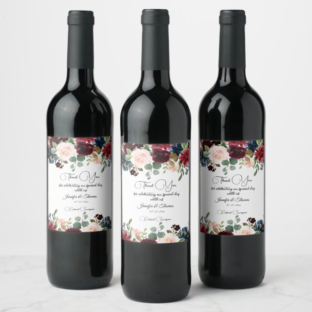 Étiquette Pour Bouteilles De Vin Bourgogne et bleu Mariage anglais Fleurs (Bouteilles)