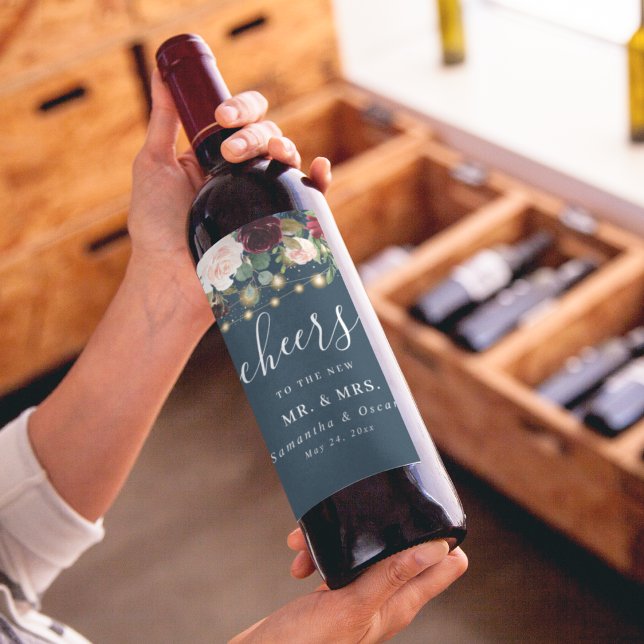 Étiquette Pour Bouteilles De Vin Bourgogne rustique Bleu marine & Rouge  Fleurs  &  (Créateur téléchargé)