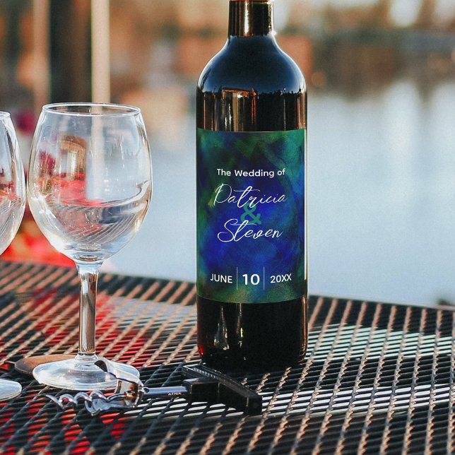 Étiquette Pour Bouteilles De Vin Bouteille de Mariage Abstrait Artistique bleu fonc (Créateur téléchargé)