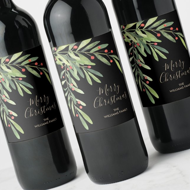 Étiquette Pour Bouteilles De Vin Branches Baies Noël Fêtes Noir (Créateur téléchargé)