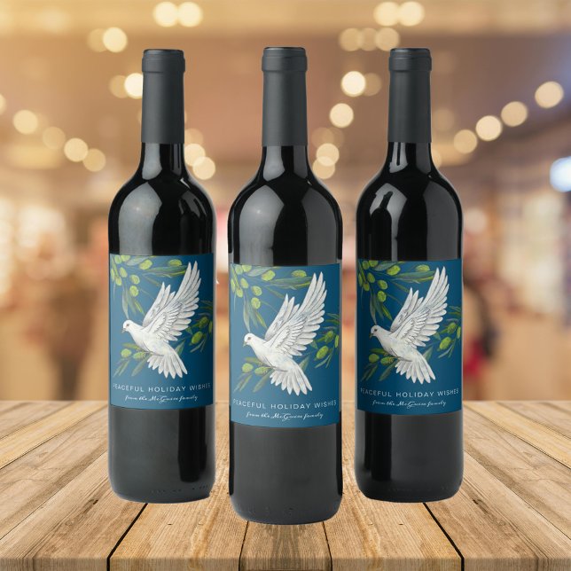 Étiquette Pour Bouteilles De Vin Branches Blue Peace Dove et Olive Custom (Christmas theme wine bottle label in blue  with white peace dove and olives and custom text)
