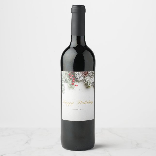 Étiquette Pour Bouteilles De Vin Branches de pins Noël de neige (Devant)