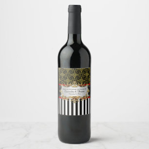 Étiquette Pour Bouteilles De Vin BW V Stripe, Black Gold Damask Vin Étiquette boute