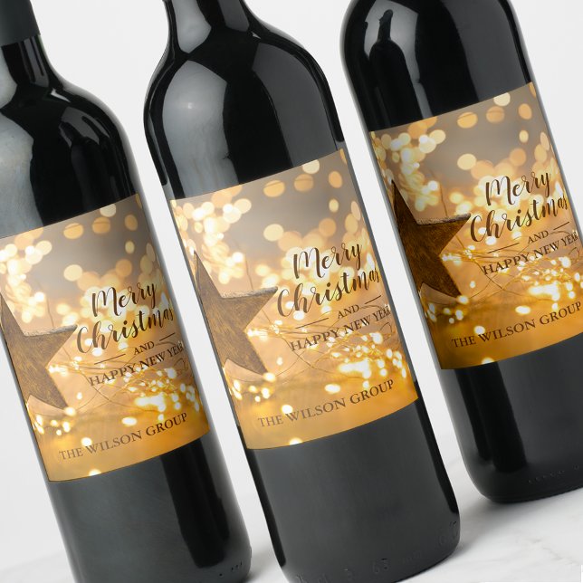 Étiquette Pour Bouteilles De Vin Cadeau d'affaires Lumières de Noël et Étoile (Christmas lights and star business gift personalized wine bottle labels)
