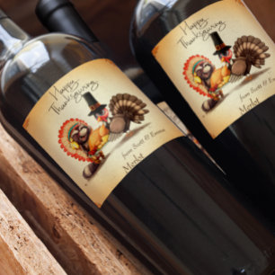 Étiquette Pour Bouteilles De Vin Cadeau d'animaux de dinde de Thanksgiving heureux