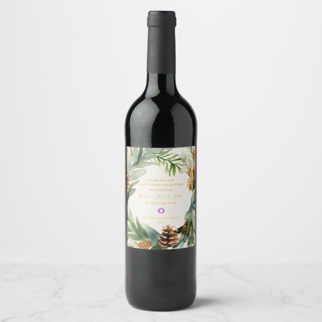 Étiquette Pour Bouteilles De Vin Cadeau d'entreprise de Noël au feuillage vert joli (Devant)