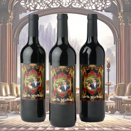 Étiquette Pour Bouteilles De Vin Cadre doré aux roses rouges, photo de style gothiq