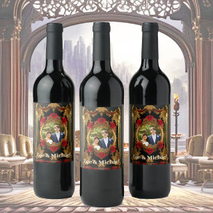 Étiquette Pour Bouteilles De Vin Cadre doré aux roses rouges, photo de style gothiq