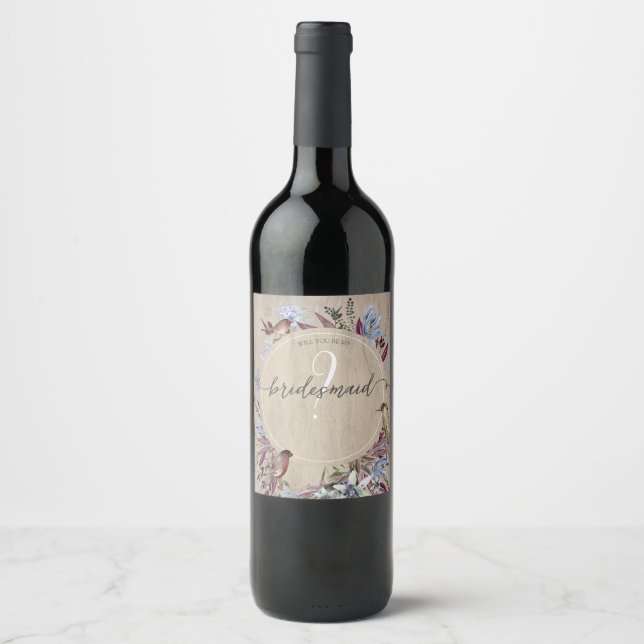 Étiquette Pour Bouteilles De Vin Cadre floral rustique avec oiseaux (Devant)