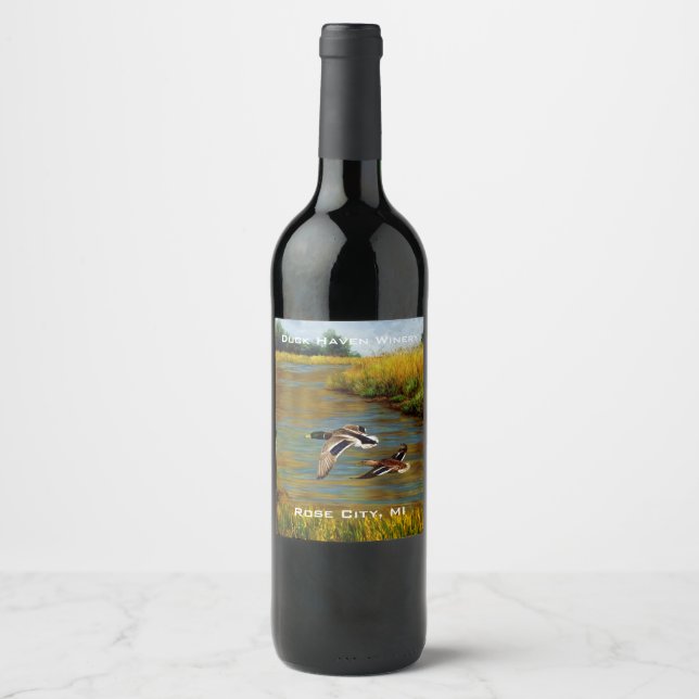 Étiquette Pour Bouteilles De Vin Canards-Majards Survolant L'Étang (Devant)