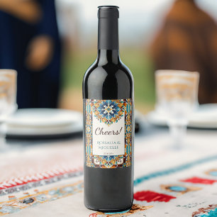 Étiquette Pour Bouteilles De Vin Carreaux de talavera bleu turquoise mariage mexica