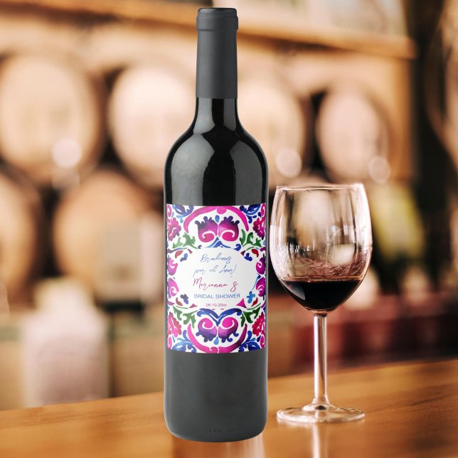 Étiquette Pour Bouteilles De Vin Carreaux rose bleu mexicain douches nuptiales (Mexican Talavera tiles pink blue fiesta Mexicana personalized wine labels cheers to love Brindemos )