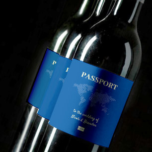 Étiquette Pour Bouteilles De Vin Carte du monde bleu Passeport Destination Mariage